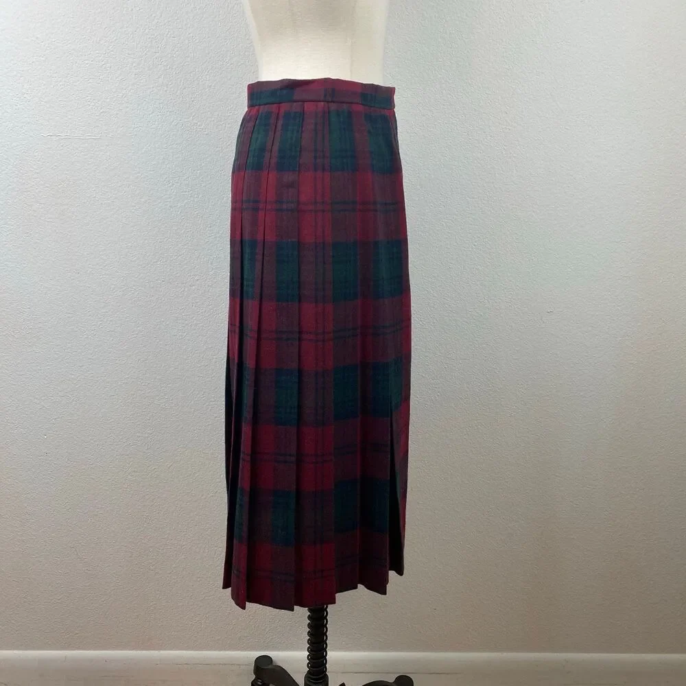 Vintage Copley Square Wool Pleated Wrap Skirt Fringe Side10 Red Green Plaid